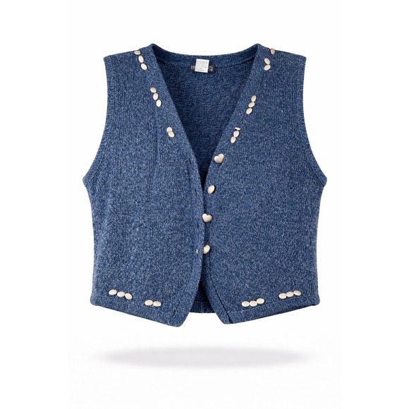 Honors Jackets & Blazers - Honors‎ Vintage Blue Knit Studded Vest Womens Medium Ramie Cotton Heart Buttons